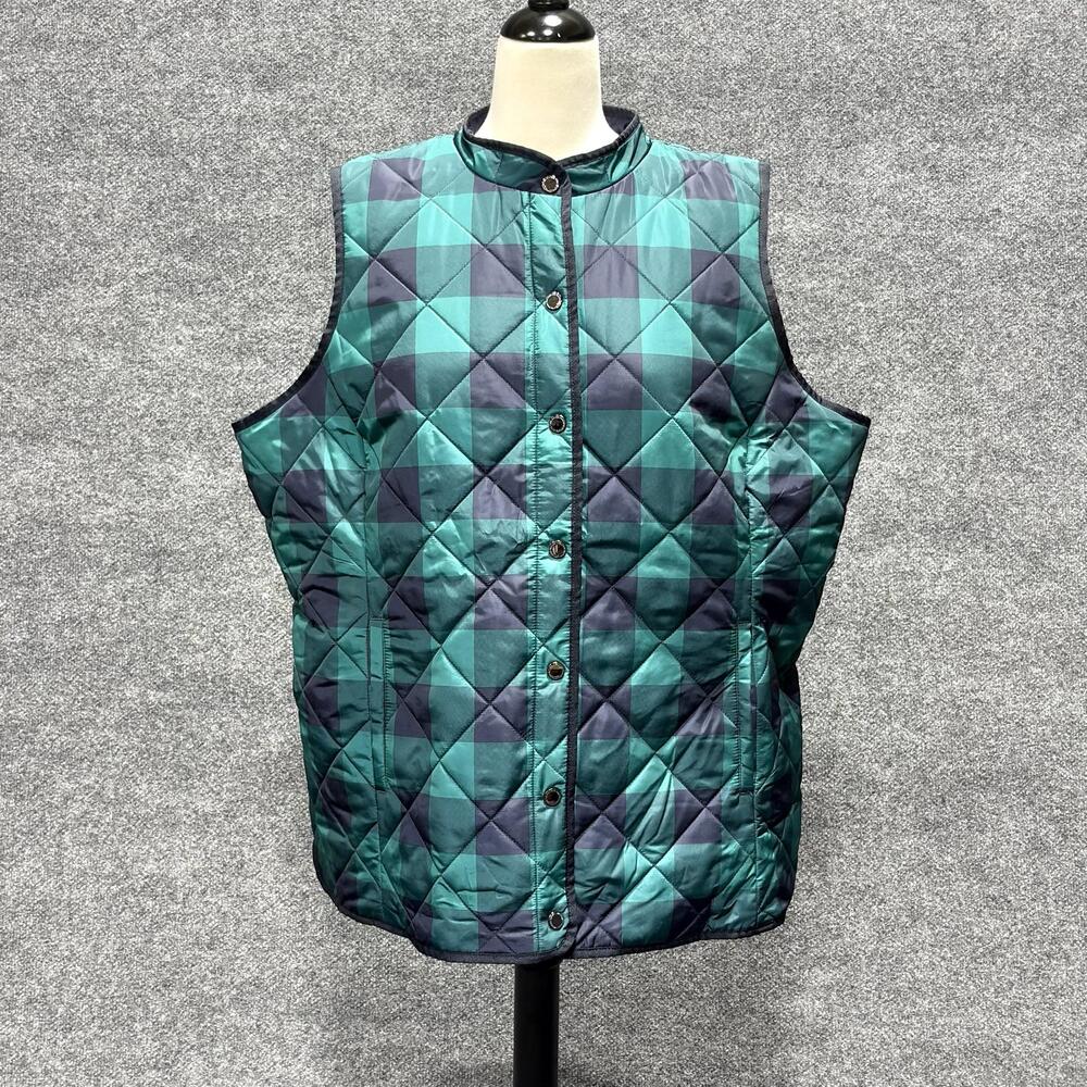 Isaac Mizrahi Live Vest Womens 1X Green Plaid Quilted Snap Front Pockets Warm